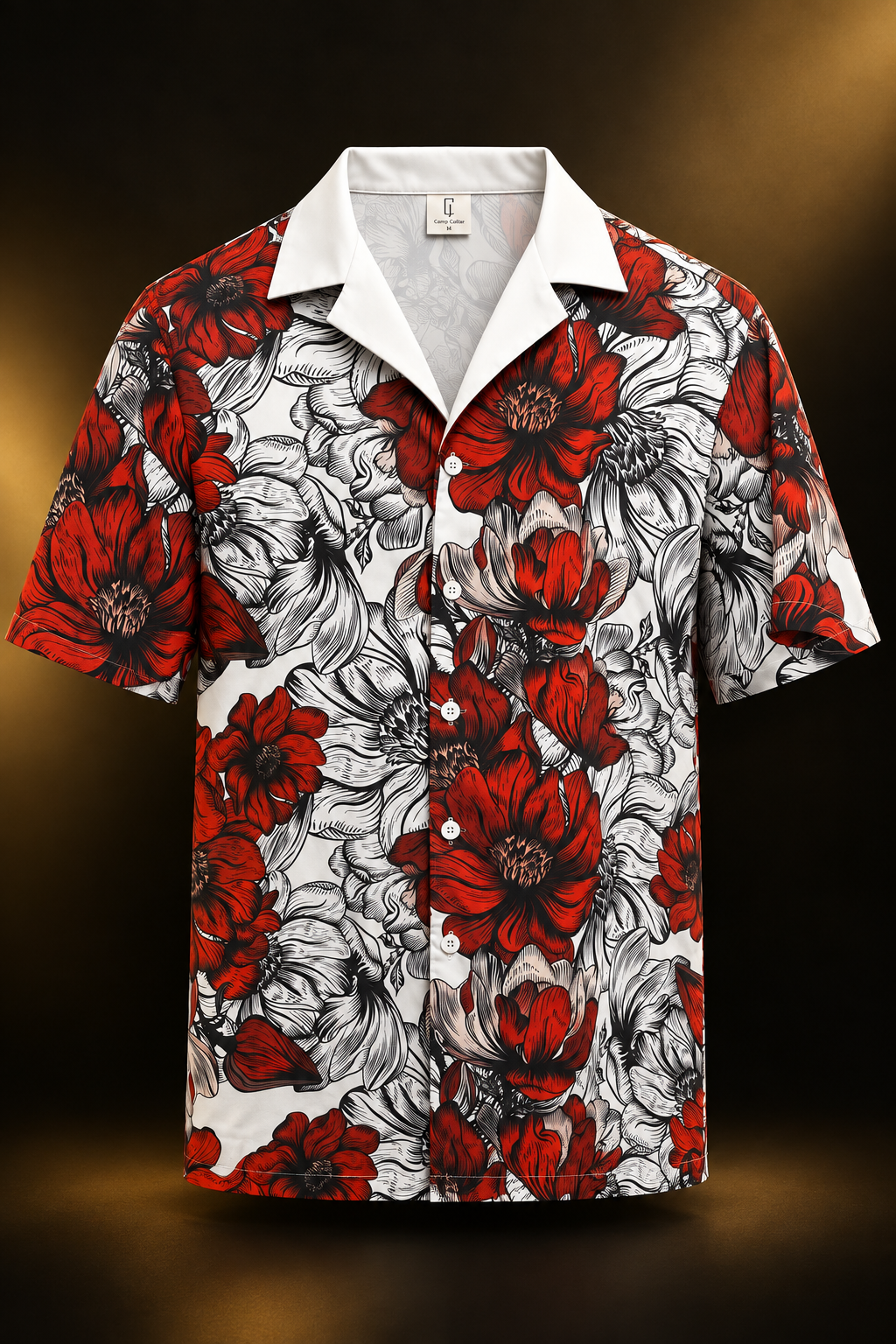Camisa floral de frente con fondo negro y dorado