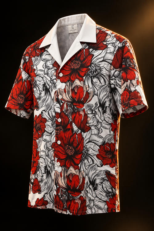 Camisa floral roja de hombre, vista en ángulo